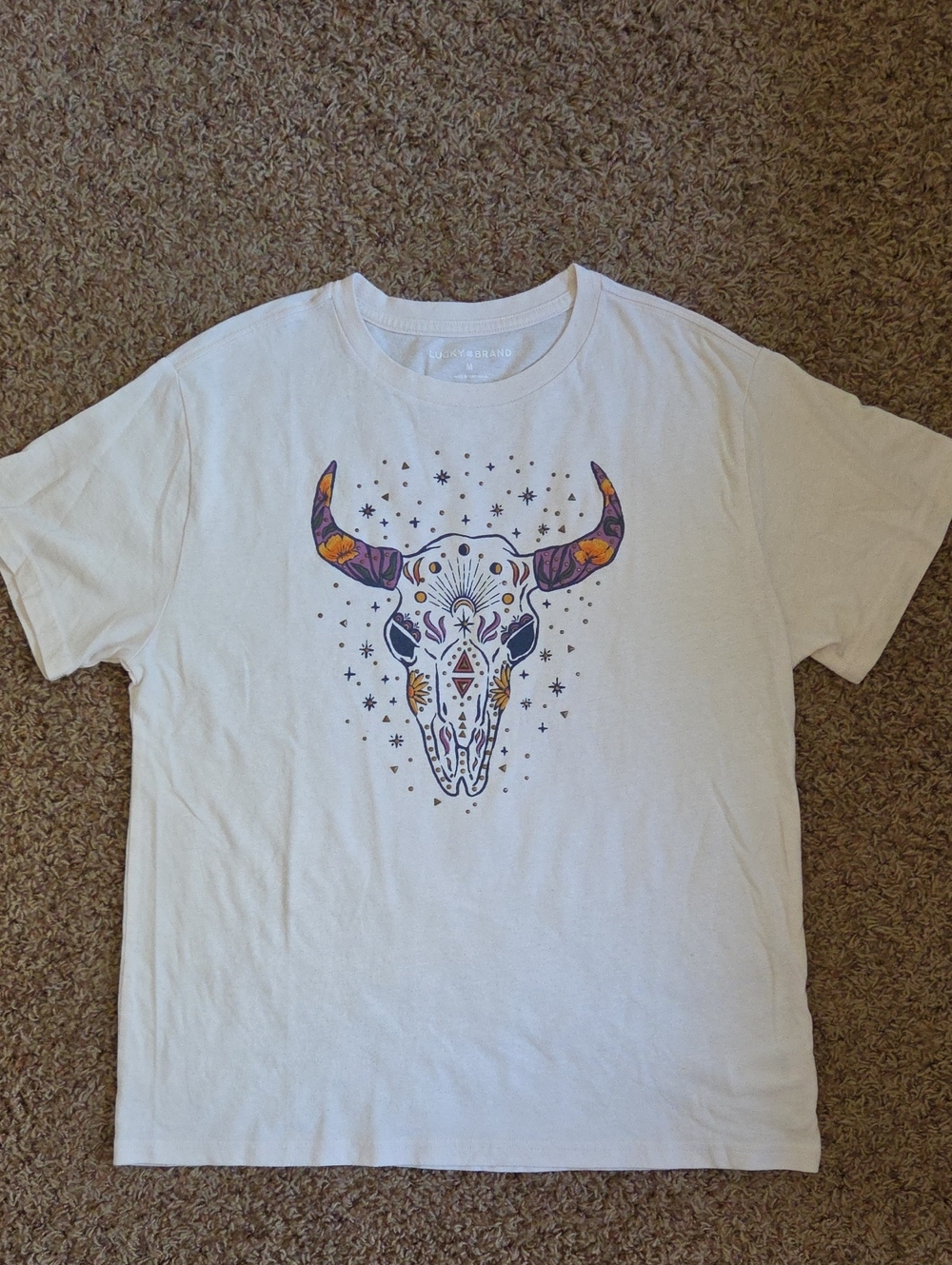 Lucky Brand White Studded Tee with Decorative Bull Skull Graphic